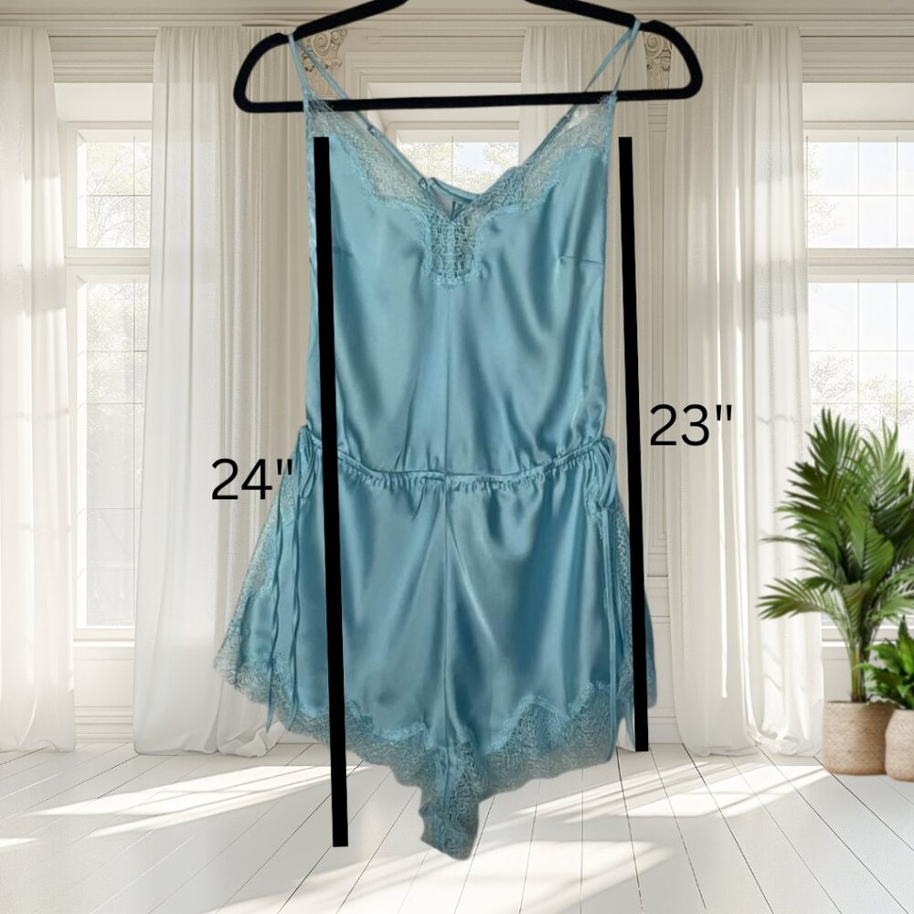Victoria's Secret Medium Satin Side-Tie Teddy Romper Bodysuit Lace Blue - Picture 10 of 15